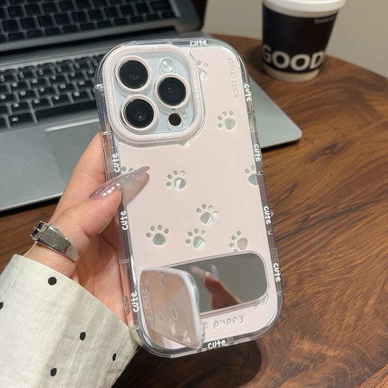 Cute claw cat mirror bracket small fresh flowers for iPhone16 new 15 mobile phone case 14P