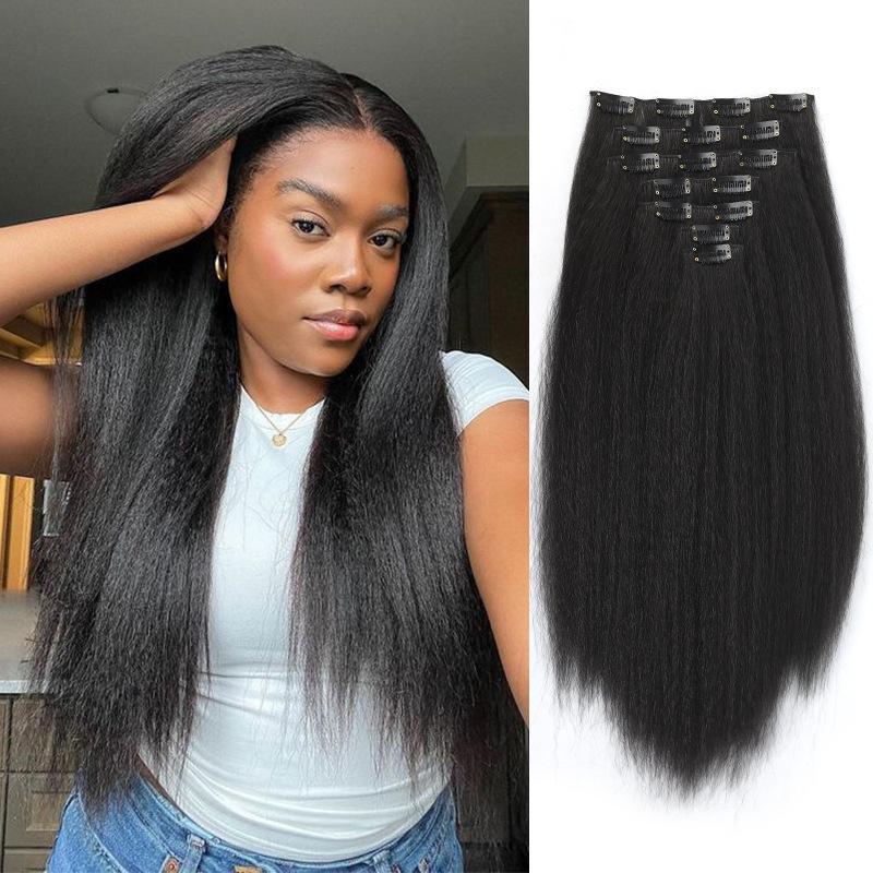 Cross-Border European and American Yax Straight Hair Seven-Piece Set African Synthetic Fiber High-Temperature Silk Wig Black Hair Extension 16 Clips Wig Pieces