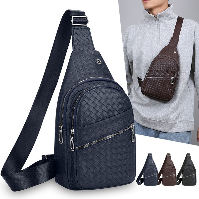 Men's chest bag new braided PU leather chest bag men's outdoor leisure sports chest messenger bag wholesale Men's chest bag new braided PU leather chest bag men's outdoor leisure sports chest messenger bag wholesale