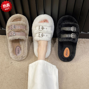 Thick Slippers Women's Summer Outer Wear 2024 New Fashion Internet Popular Plush One Word Outing Fluffy Slippers Autumn and Winter