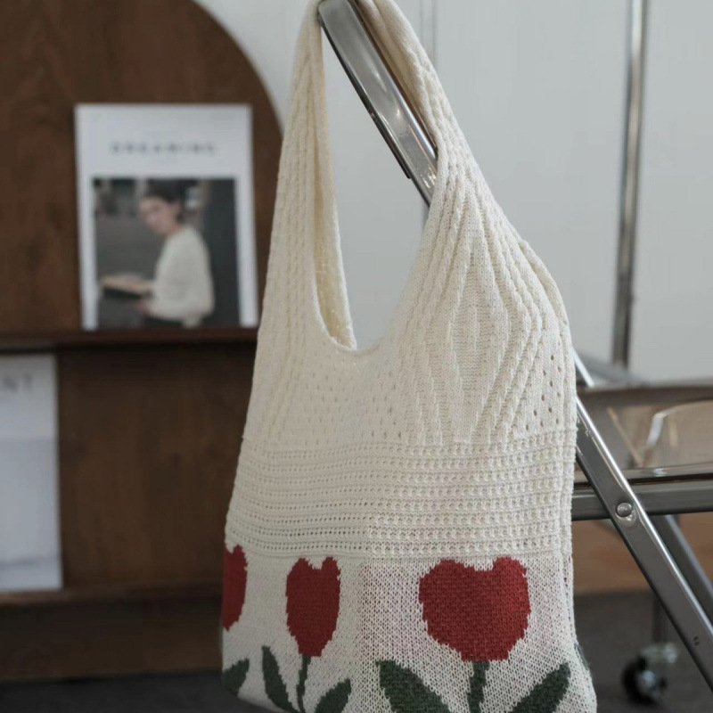 Tulip Knitted Single-Shoulder Bag, Korean Style, Leisure Shoulder Bag, Literary Pure Color Knitted Wool, Versatile, Lattice Design, XR