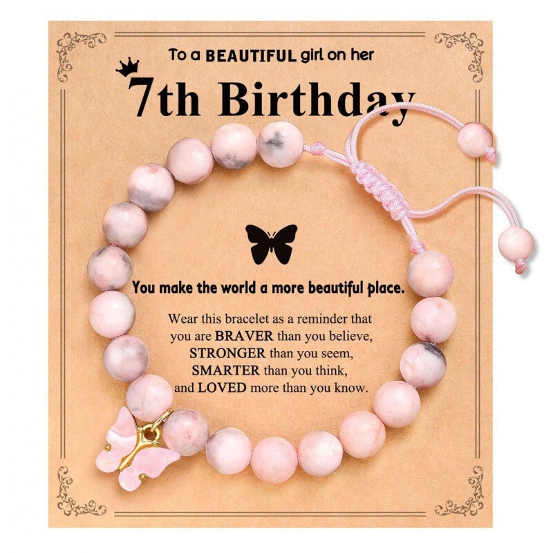 Women's Pink Zebra Bracelet 8mm Black Line Red Pattern Stone Stainless Steel Butterfly Pendant Bracelet Pink Zebra Butterfly Bracelet