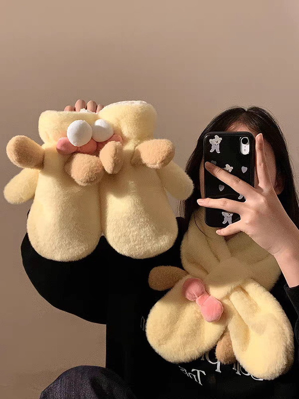 可爱韩版饼饼毛绒手套女生冬季户外保暖加绒加厚护颈围脖手套批发|undefined