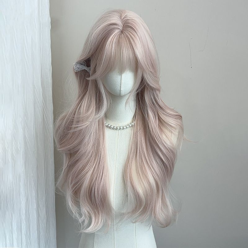 Wig Women's Pink Long Hair Fog Sense Pink Blonde Long Curly Hair Qi Bangs Japanese Style Soft Girl Natural Jk Full Head Cover cos
