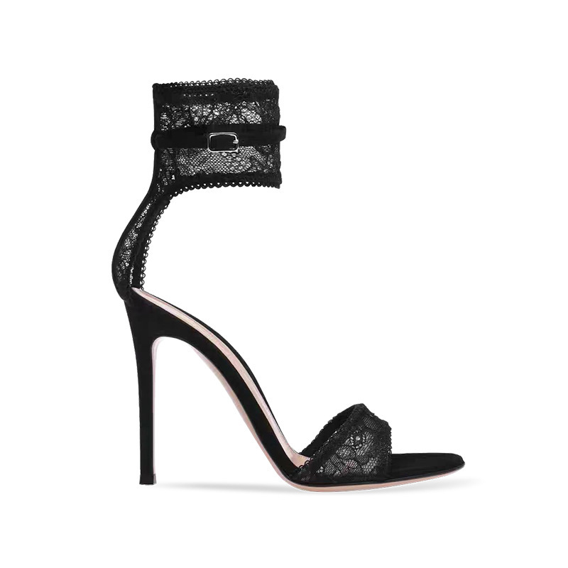 320-2 Open-Toe Sandals for Women 2025 Summer New Black Lace High Heels Stiletto Heel Ankle Strap Women's Shoes