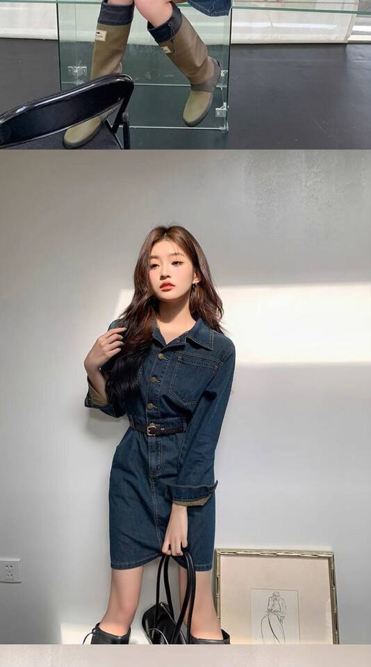 Đầm denim nữ dáng chữ A cổ polo tay dài chiết eo phong cách retro — Váy ngắn denim xanh chi tiết 10