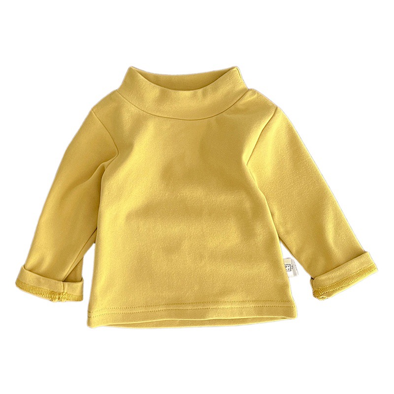 Camisa de fondo de terciopelo de color sólido para niños suave medio cuello alto primavera y otoño bebé básico niñas estiramiento casual top a juego