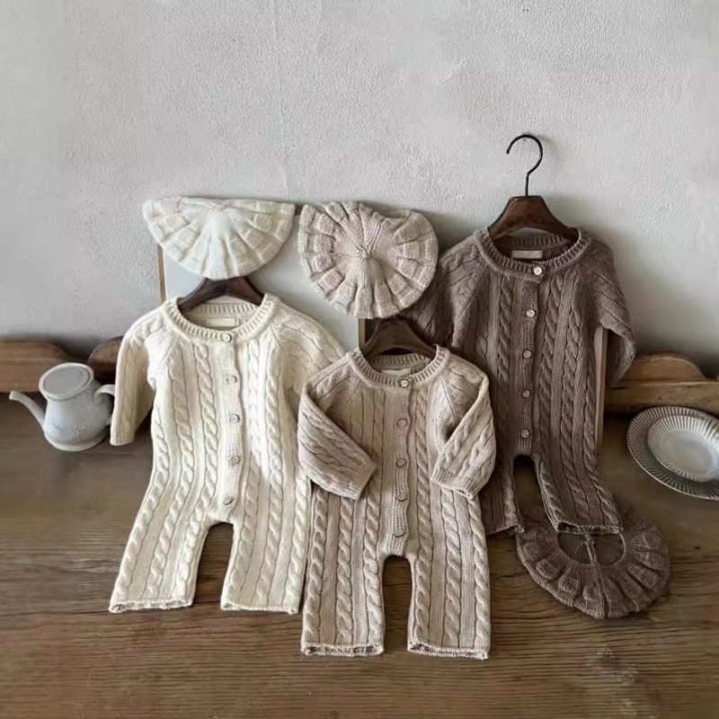 Newborn Baby Clothes Autumn and Winter Cotton Sweater Boys' Harper Solid Color Knitted Crawler Baby Sweater Jumpsuit