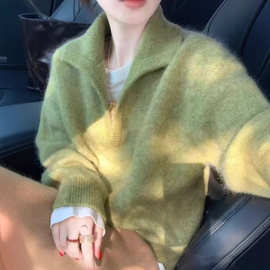 韩系慵懒气质简约翻领长袖针织衫女好看的清新时髦洋气软糯上衣