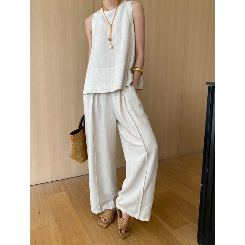Sinan Summer Relaxation Old Qian Feng Tencel Linen Vest Wide Leg Pants Casual Two-Piece Set SN5932