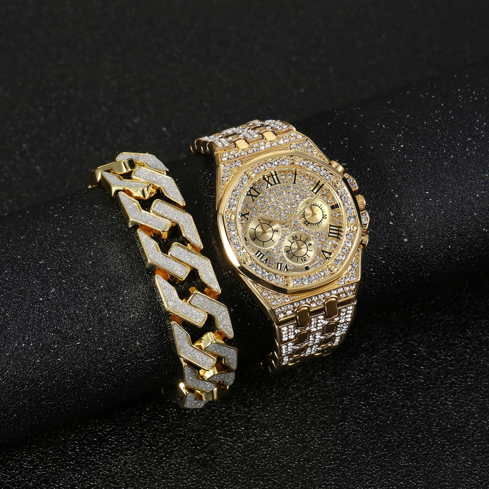 New Watch 2pcs/set Minimalist Business Men's Octagonal Three Eye Large Dial with Diamond Inlaid Quartz Watch+bracelet_voghion.com