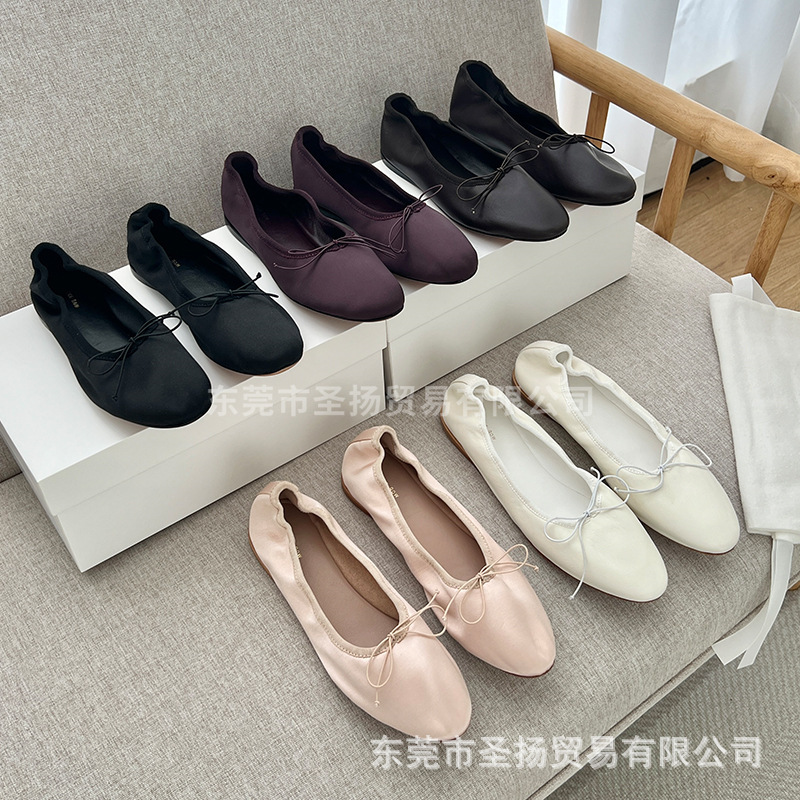 The*Row Soft Sheepskin Ballet Shoes with Silk Round Toe, Flat Shallow Mouth, Bowknot, Granny Style Women's Shoes