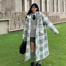 深圳南油欧美原单气质优雅甜美减龄加厚保暖格纹夹棉羊毛大衣外套