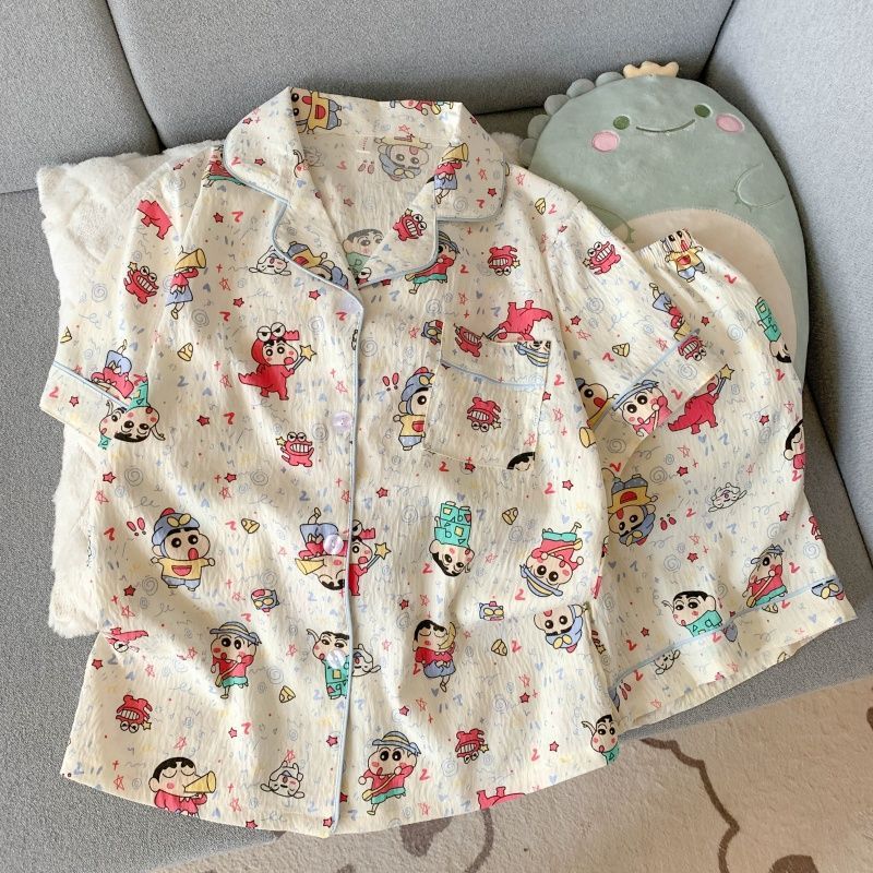 Ins風起爆パジャマ女春夏薄型雲綿シンプルアニメ半袖半ズボン家庭服セット|undefined