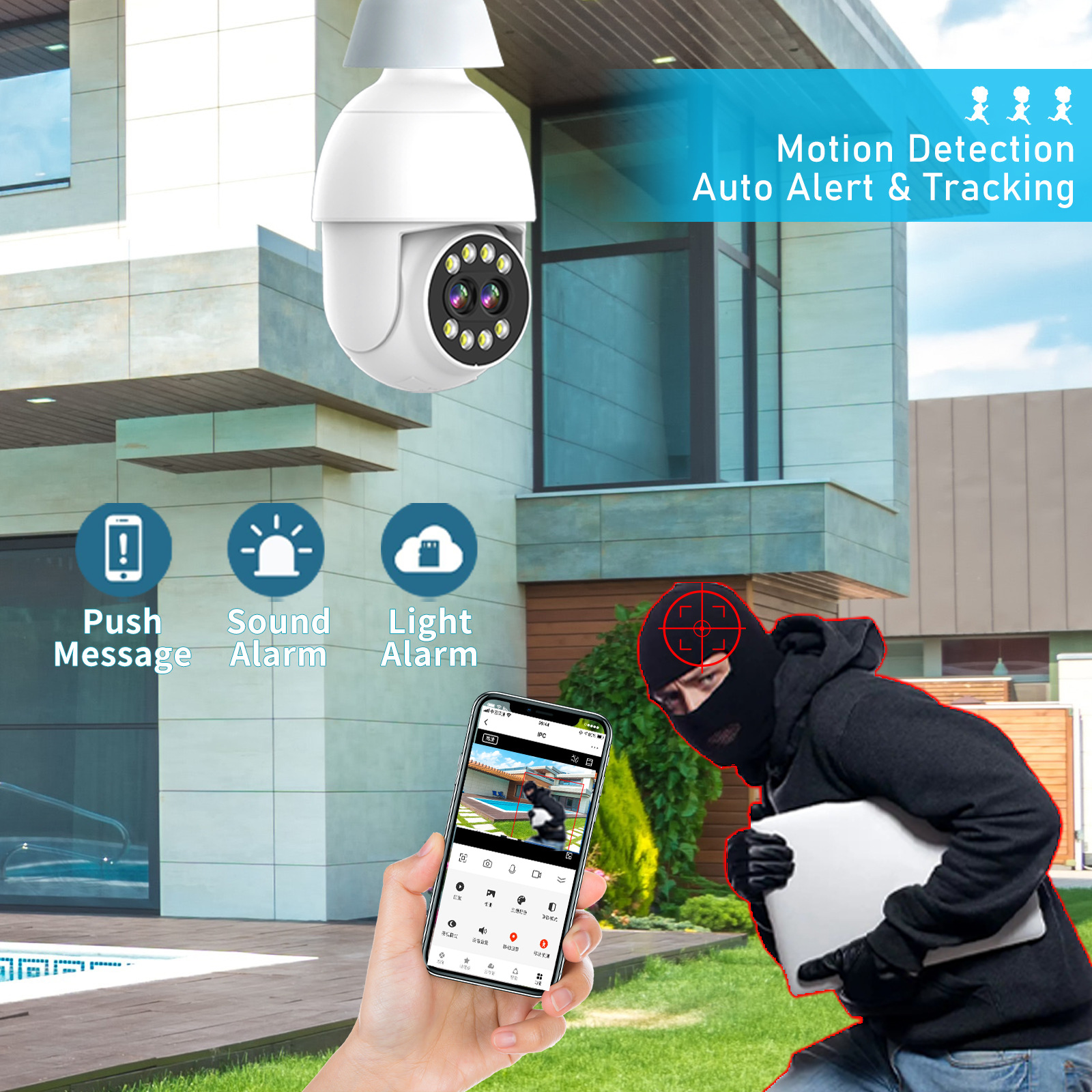 Cámara de Seguridad Tipo Bombilla E27 Doble Lente Zoom 5x de Plástico ABS para Exteriores