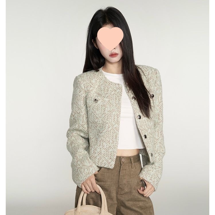 小香风短外套女秋季新款高级感韩系气质时尚粗花呢上衣水绿色氨纶|undefined
