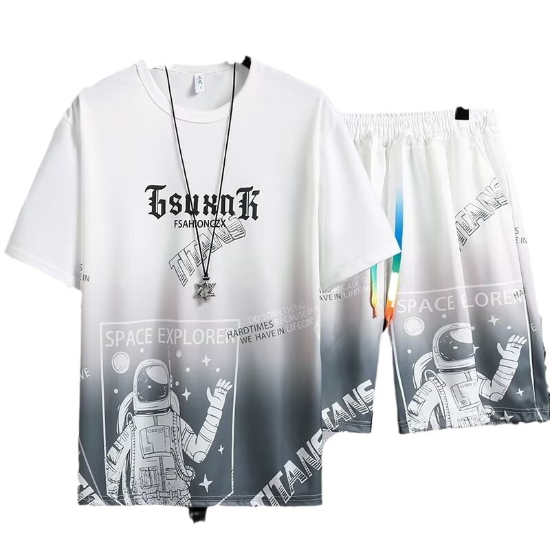 Gradient Casual Suit Summer Men's Ins Trendy Youth Sports Simple Versatile Breathable T-Shirt Shorts Two-Piece Set