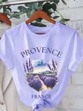 女士浅紫色薰衣草印花休闲T恤 - 法式普罗旺斯设计“PROVENCE”图