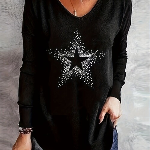 Autumn and winter European and American women's casual blouse, star print base shirt, same style for men and women, round collar pullover T-shirt
