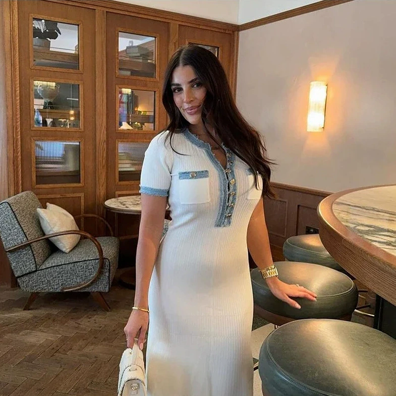 Трансграничная европейская и американская женская одежда AliExpress взрывной джинсовый трикотаж длинное платье с короткими рукавами