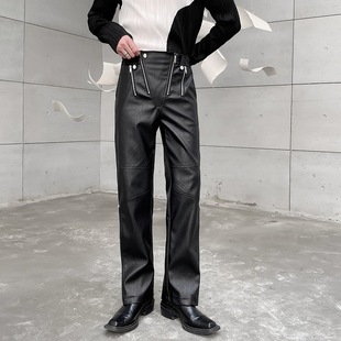 2022 autumn and winter punk leather pants metal zipper designer trousers fried street niche personalized straight pants nightclub