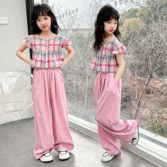 2024 Summer Trendy Two-Piece Set: Girl's Cute Doll-Style Short-Sleeve Top with Plaid Shirt & Wide-Leg Pants, Perfect for Instagram-Worthy Looks