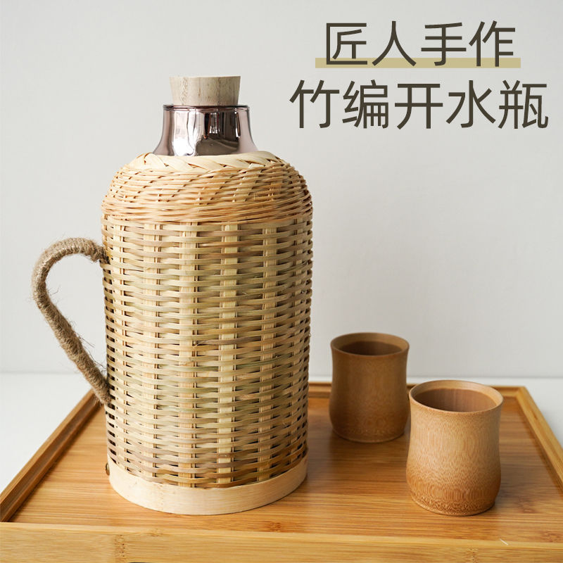 熱水瓶家用手工竹編傳統木塞熱水壺茶室辦公室保溫瓶玻璃內膽水壺