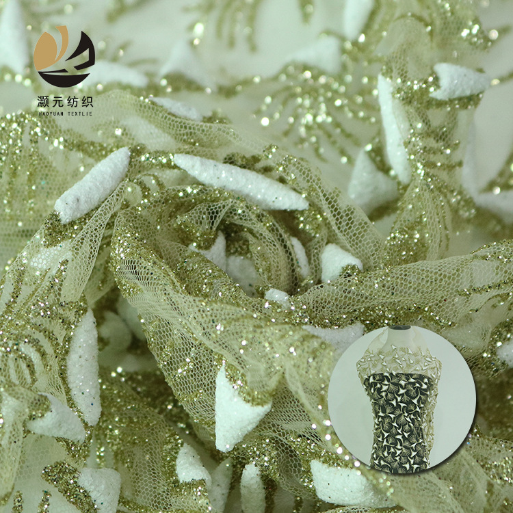 Nuevo tipo de tela de malla primavera y otoño tela espumosa dorada tela de vestido de boda
