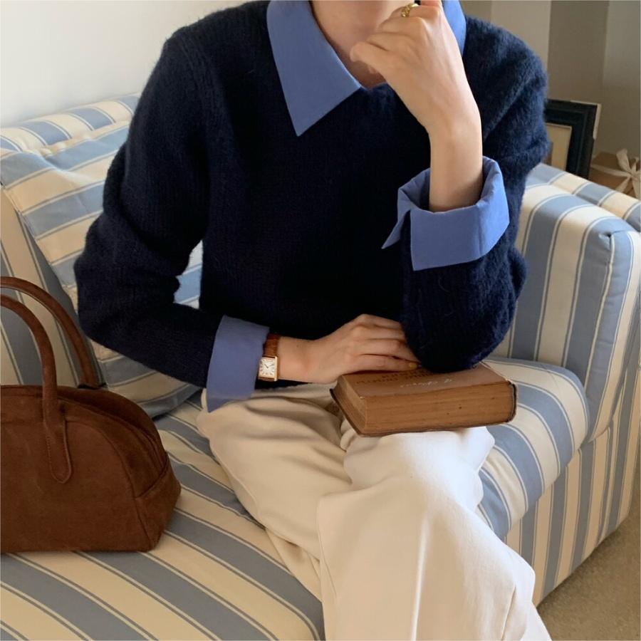韩系假两件衬衫领毛衣女秋冬新款内搭慵懒风撞色翻领针织衫上衣女