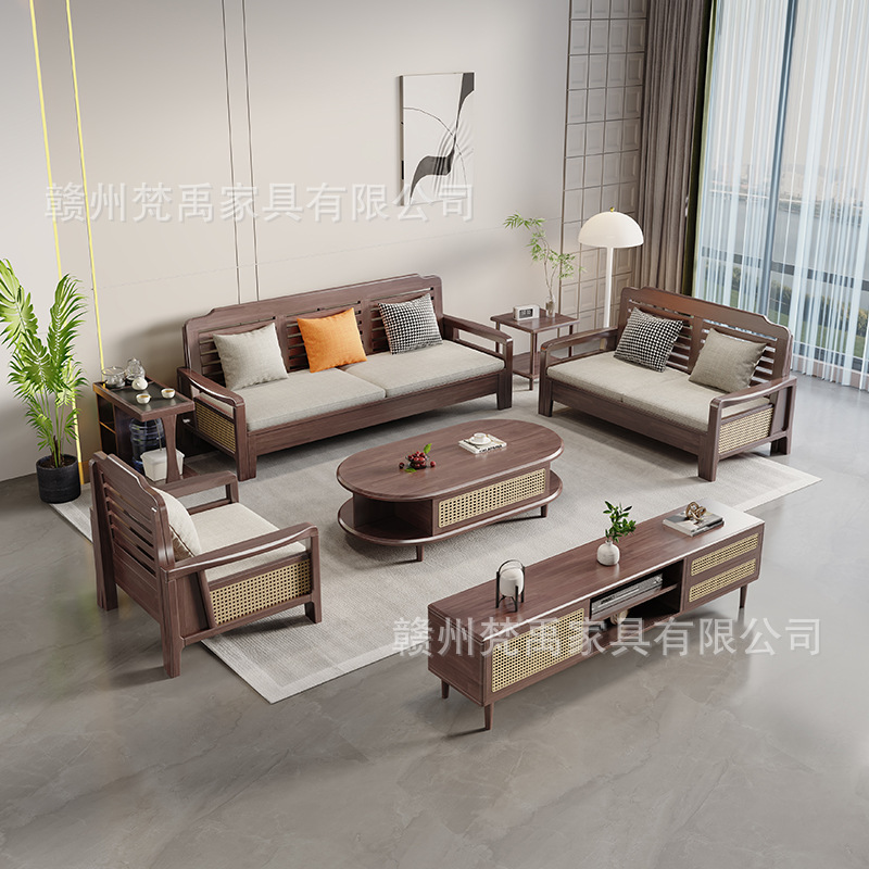 胡桃木全實木沙發客廳組合北歐現代簡約冬夏兩用大小戶型儲物家具