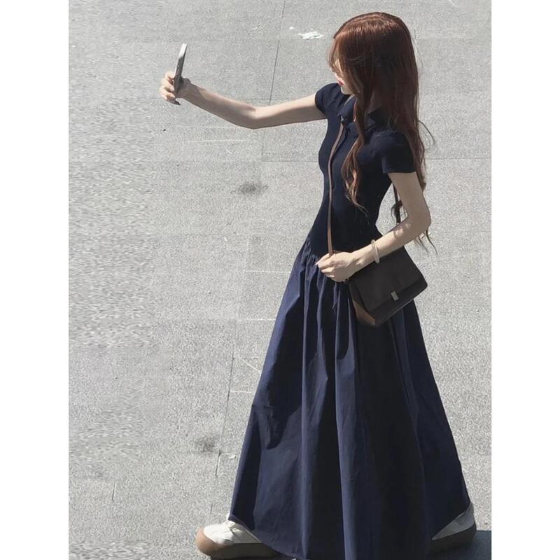 French-Style Casual Lazy Patchwork Dress for Women, Summer Elegant Short-Sleeve Long Dress with a Relaxed Fit and Wide Hem