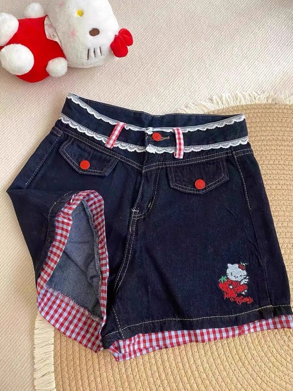 アメリカのホットガールデザイン猫刺繍デニムショートパンツ女性の夏のチェック柄レースステッチ弾性痩身パンツ|undefined