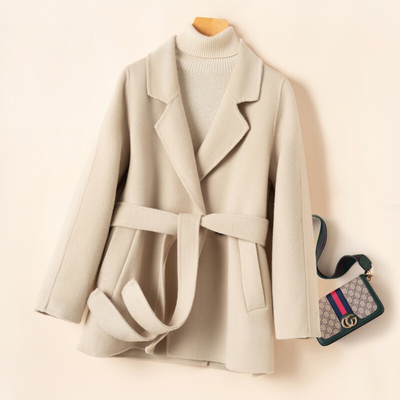 Short Double-Sided Woolen Outwear Women's Suit Collar Belted Casual Pure Color Woolen Outwear for Small People Autumn and Winter Outerwear