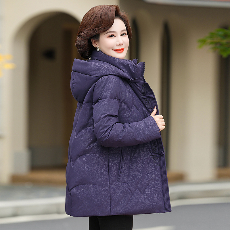 High-End Brand Middle-Aged and Elderly Women's Winter Clothing Mid-Length Mother's Clothing Hooded Thickeneded Warm and Cold-Resistant White Duck down Jacket