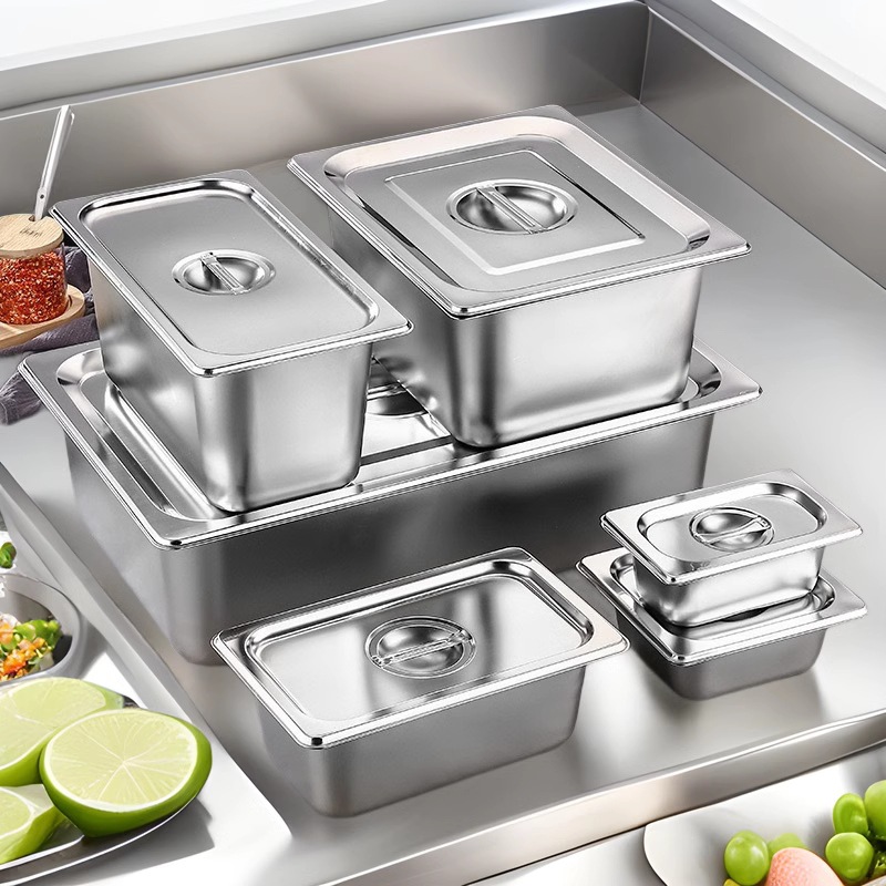 Bandeja de acero inoxidable con tapa, caja contenedora, bandeja cuadrada comercial, bandeja de calidad alimentaria para platos picantes de hot pot.