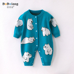 Autumn and Winter Baby Double Layer Embroidered Onesie for Boys and Girls, Knitted Cotton Yarn, Zipper and Open Gown Crawling Suit