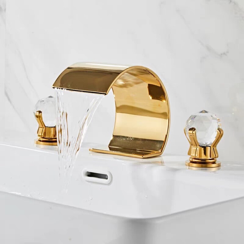 Bathroom All-Copper Three-Hole Basin Faucet Bathtub Side-Type Split Three-Piece Set Gold Hot and Cold Faucet