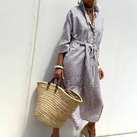 2025独立站亚马逊欧美外贸女装新款五分袖条纹开衫翻领衬衫连衣裙