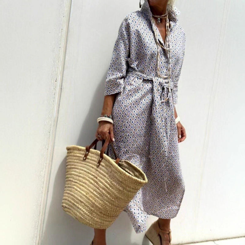 2025 Independent Site Amazon European and American Style Five-Quarter Sleeve Striped Cardigan Lapel Shirt Dress 2026 New Spring Collection 2025 Independent Site Amazon European and American Style Five-Quarter Sleeve Striped Cardigan Lapel Shirt Dress 2026 New Spring Collection