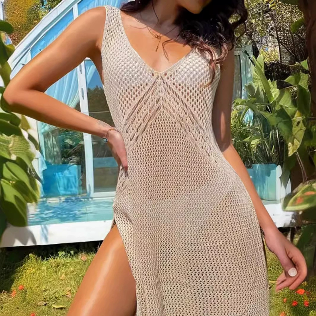 Внешняя торговля Трансграничная Европа, Европа и Амазонка производителей v-воротник без рукавов чистый цвет ажурный платье пляжный праздник весна и лето