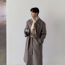 ASCLO冬季新款韩版氛围外套男高级感宽松中长款系带毛呢大衣
