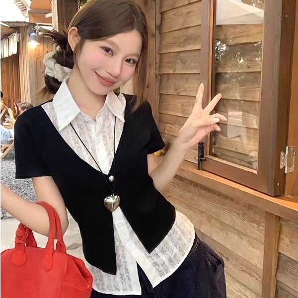 Korean Style Fake Two-Piece Black Polo Collar Short-Sleeve Shirt for Women, New Summer Style, Regular Shoulder Fit, Layered Look, Trendy Versatile Top