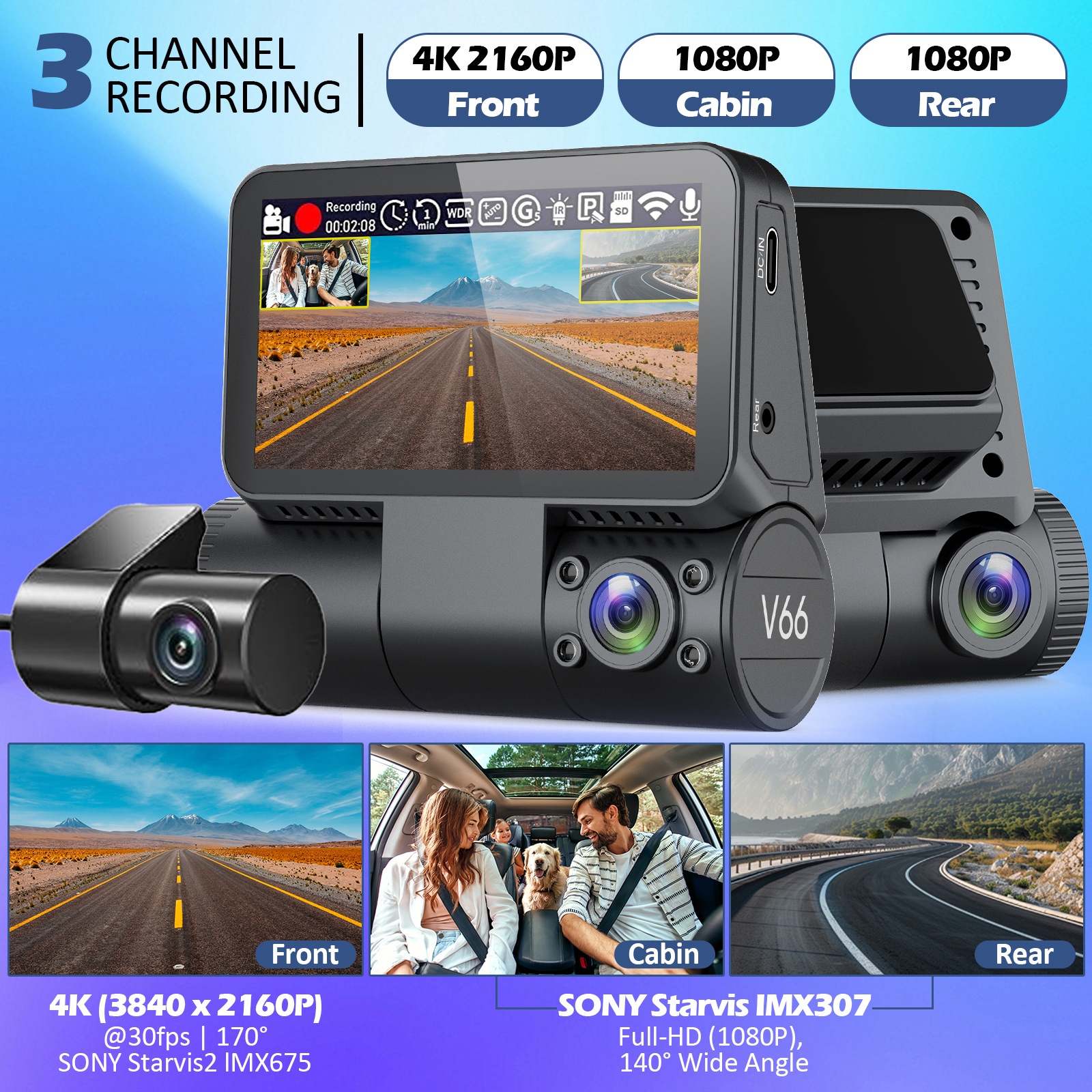 V66Dvr4K Three-Lens Dash Cam with Adas Smart Touchscreen 5.8g Driving Recorder