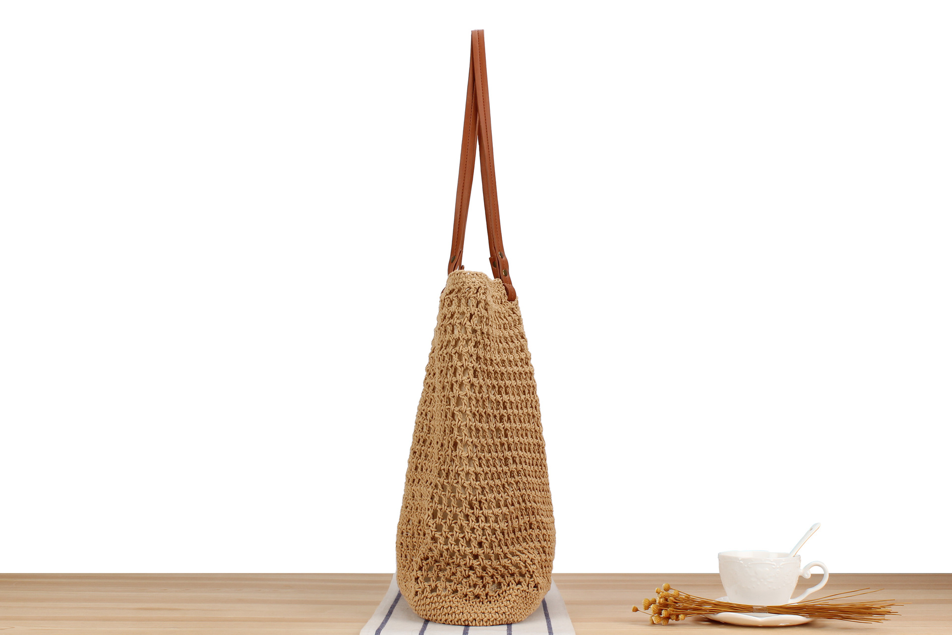 Double Shoulder Straps Strap Type Women's Vacation Beach Solid Color Cotton Shopping Bags