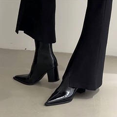 高跟尖头短靴女粗跟后拉链2025年新款秋冬季黑色漆皮高级感马丁靴
