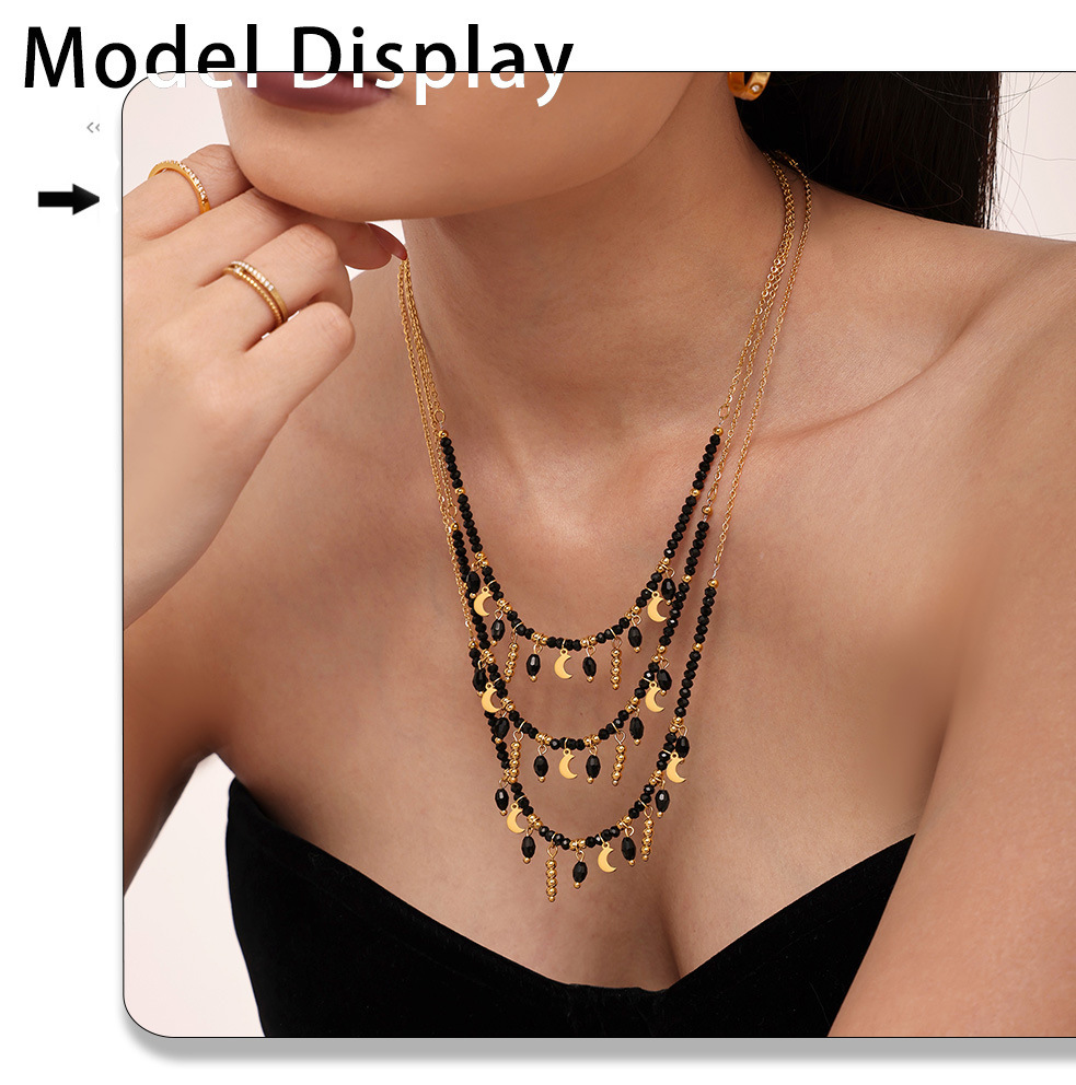 Sugar Cube Retro Temperament Black Crystal Moon Tassel Pendant Clavicle Necklace Stainless Steel Dark Queen Jewelry_voghion.com