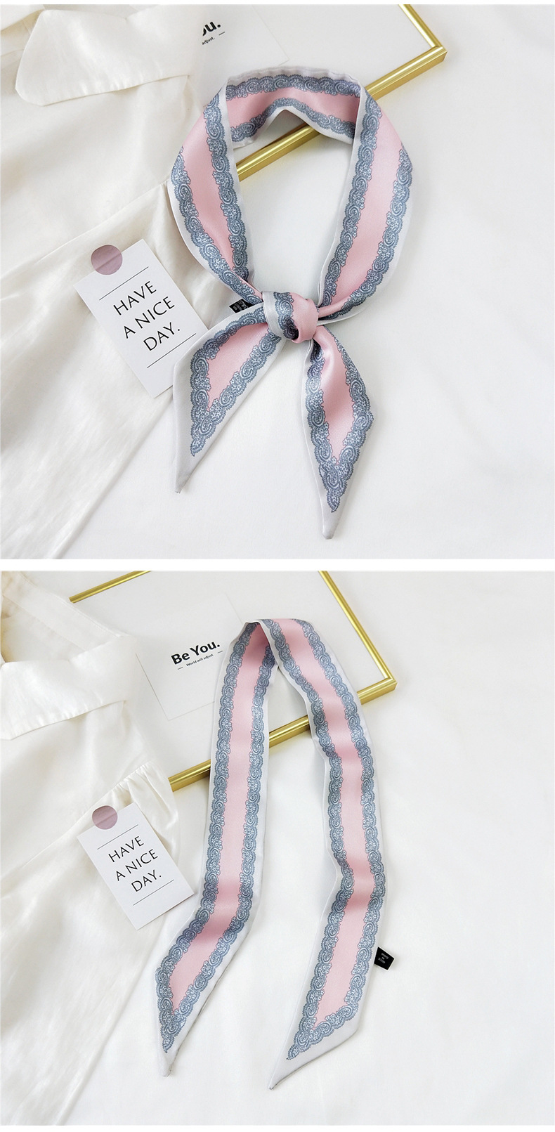 30g Weight Silk Scarf Classification Travel Occasion Unisex Gender Sweet Style Khaki, Grey, Pink, Purple, Red, Green, Blue, Black Color Fashion Streamer Printing Bow Silk Scarf Wholesale 37