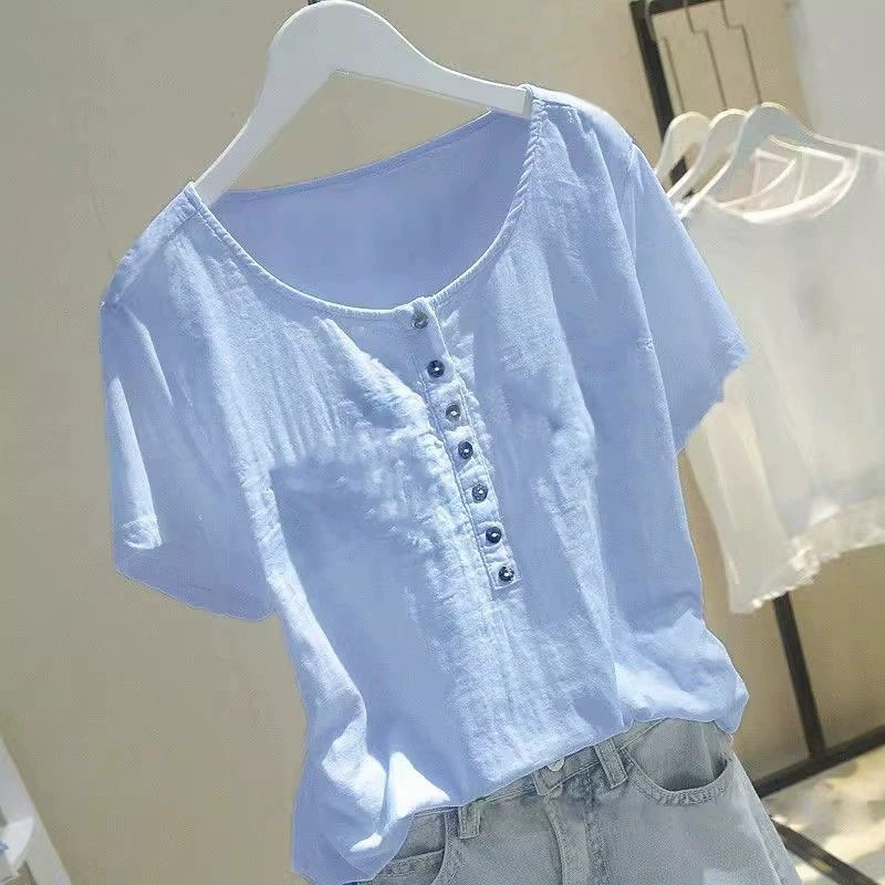 2024 новая летняя корейская сшитая футболка белая с короткими рукавами Rs свободная тонкая рубашка с половиной рукава