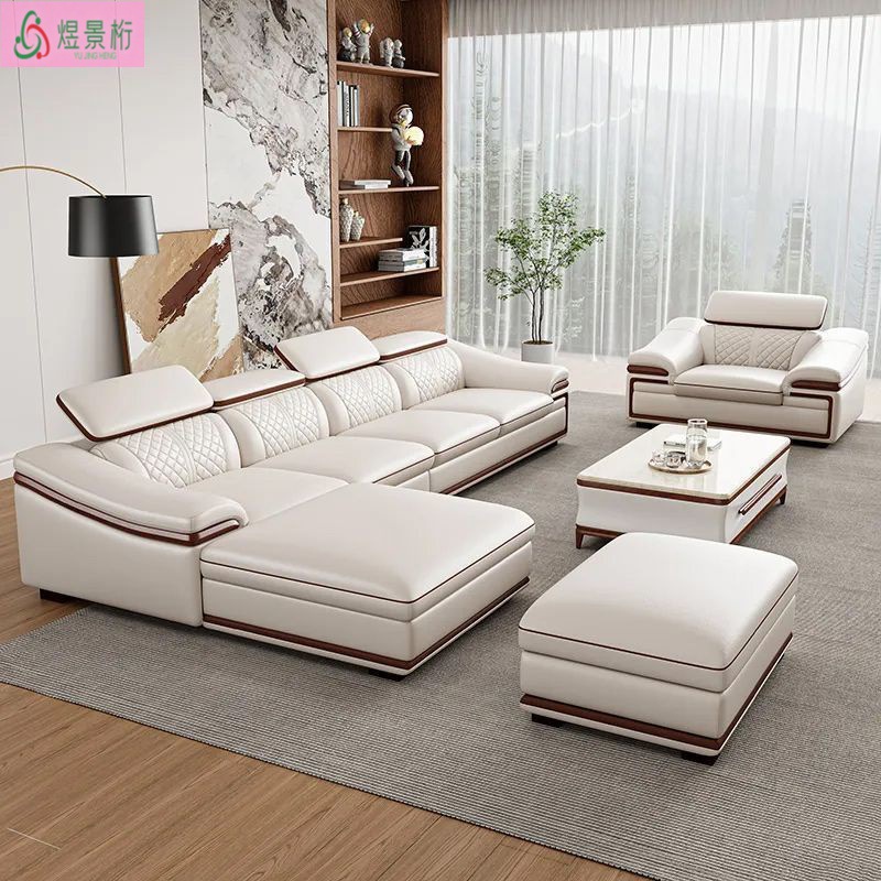 Modern Minimalist Luxury Leather Sofa for Various Sizes, Including Large and Small Spaces, with a Chaise Longue Combination and Solid Wood Leather Art Sofa