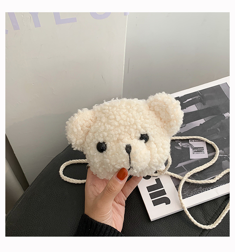 Bear, Solid Color Pattern Autumn&Winter Season Women's Gender Cute Style Women's Mini Plush Bear Solid Color Cute Round Zipper Crossbody Bag